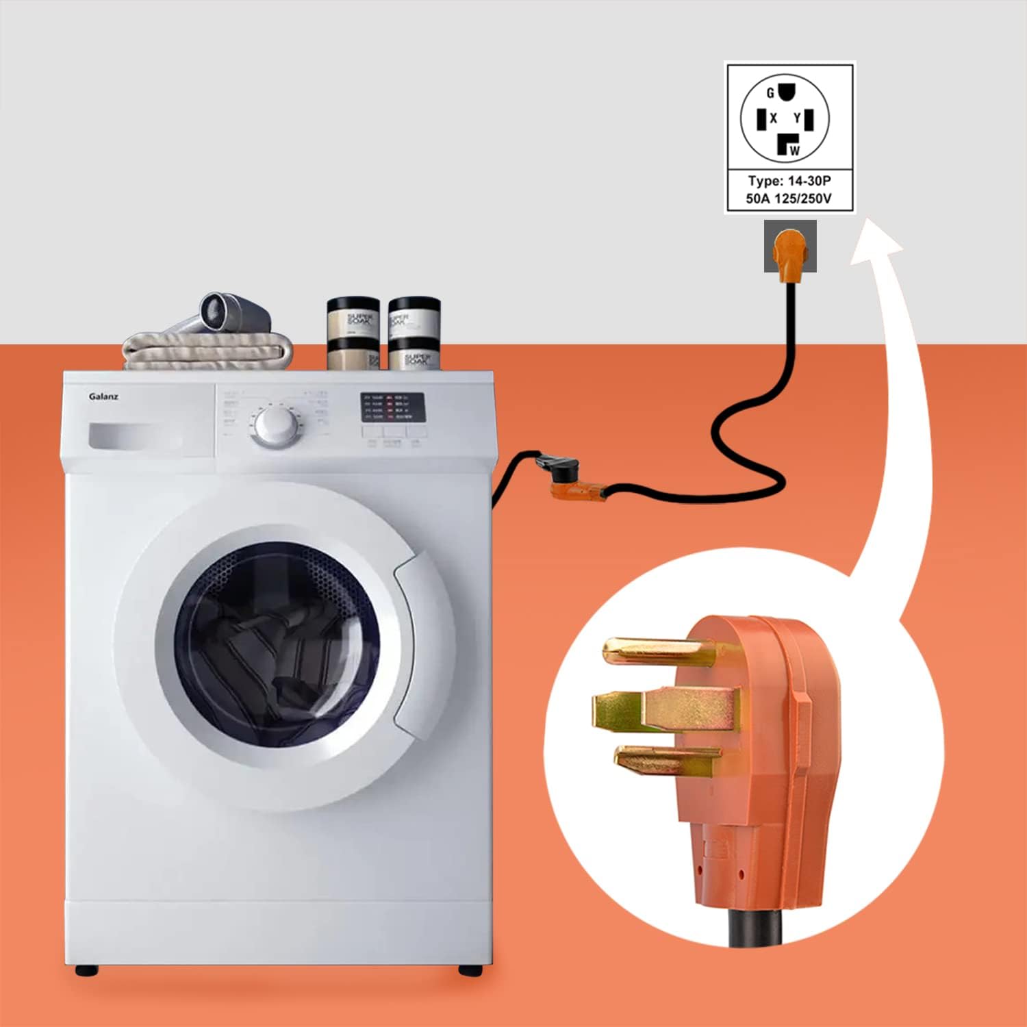 MaxWorks 50584 25 Ft. Heavy Duty 4-Prong 125/250V 30 Amp 14-30P Male 14-30R Female Dryer/EV Power Extension Cord, Yellow, Black and Orange