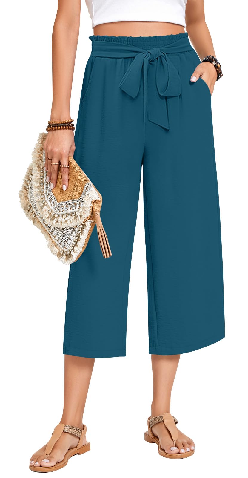 Aodemo Women's Wide Leg Capri Pants Loose Work Pants with Pockets