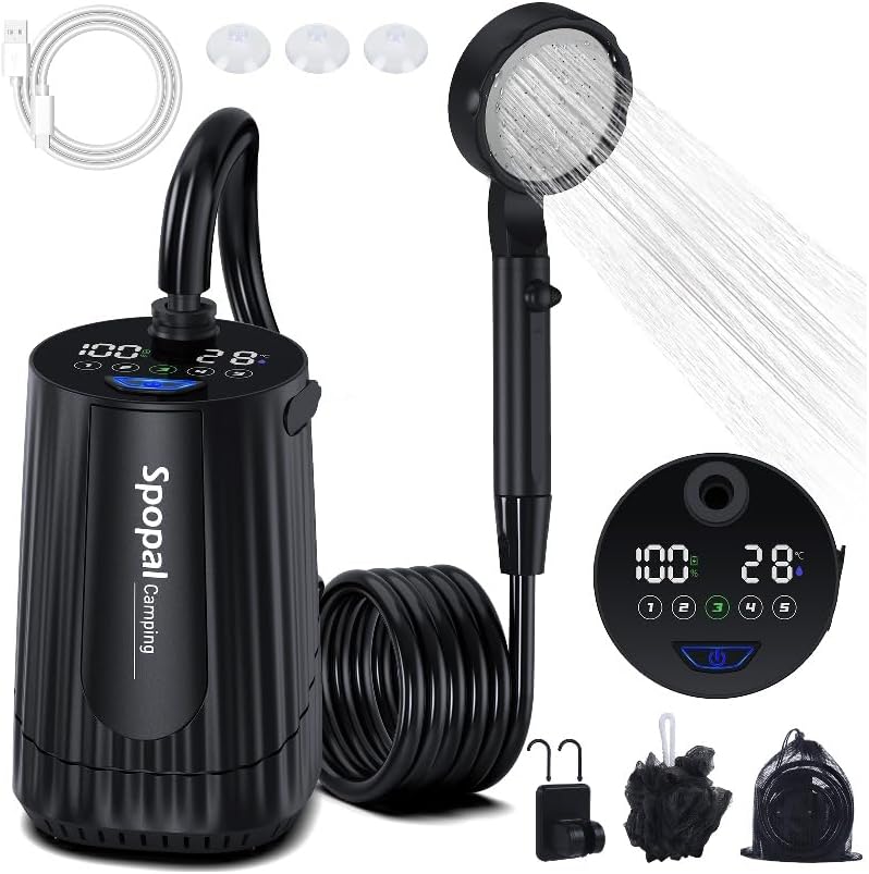 Portable Shower for Camping, [10000mAh][LED Display][ IPX8 Waterproof] Rechargeable Camping Shower Pump, 5 Adjustable Speeds, Outdoor Shower Kit for Hiking, Travel, Car, Pet