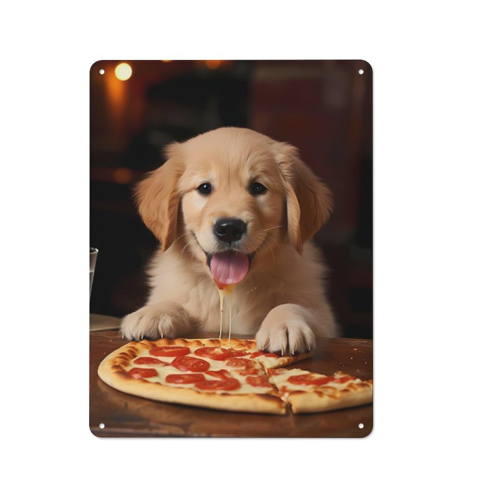 Junmoney Golden Retriever Pizza Pup Rustic Tin Wall Plaque 40X30cm For Guest Room Or Hallway, For Garage, Workshop And Man Cave Decoration