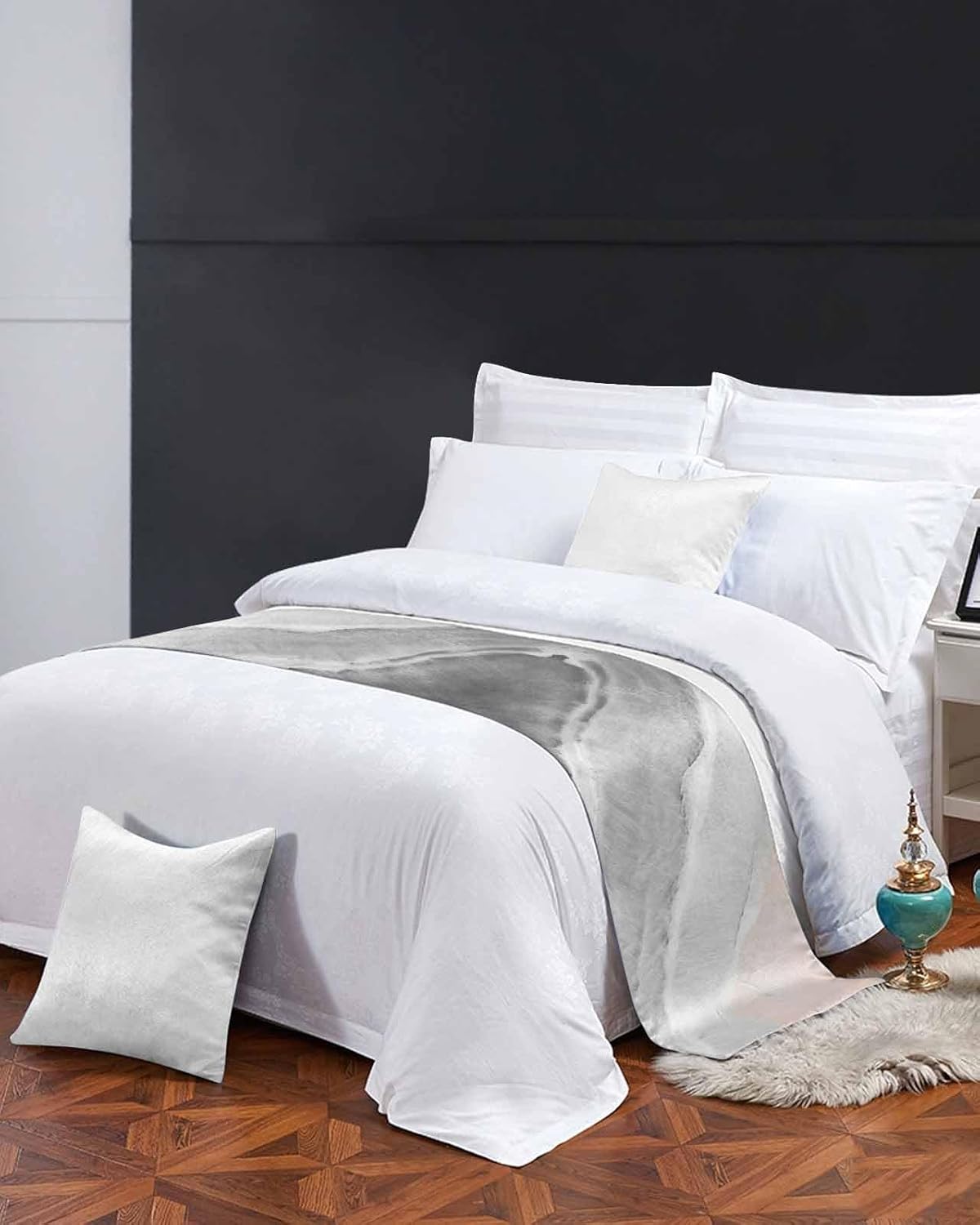 Gray Bed Runner Scarf King Size,Luxury Bed Throw Runners & Scarves for Twin Full Queen King Foot of Bed,Bedroom Hotel Wedding Room Decoration,Ocean Waves Beach Gradient Abstract Geometric 94"x20"