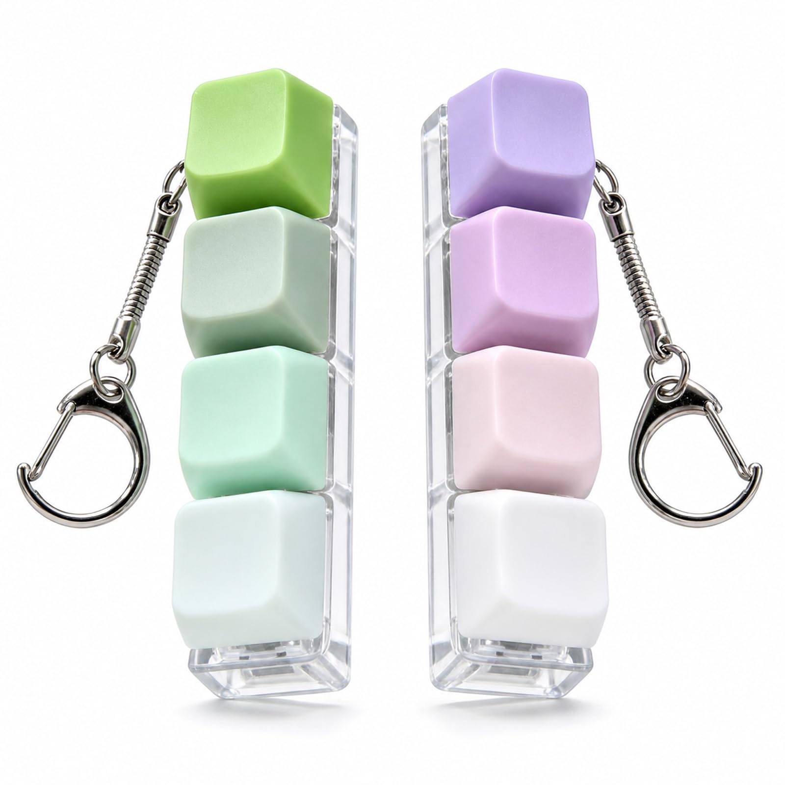 2 Pcs 4-Button Clicky Keycap Keychain Accessory, Portable Mechanical Keyboard Style Clicker with Metal Carabiner, Pastel Solid Colour Button Gadget for Adult Office Desk Bag Use (Green & Purple)