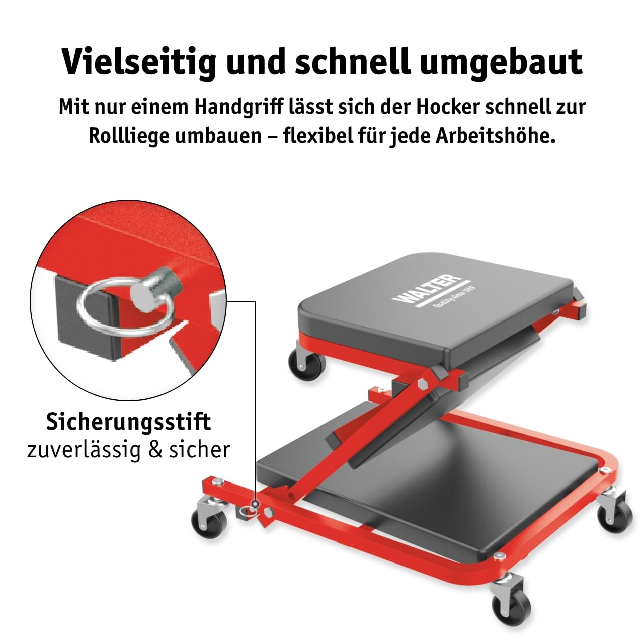 WALTER Montage Rollbrett/Werkstatthocker 2in1 | Tragkraft 150kg Rollsitz, Werkstattliege, Reifen Wechseln Zubehör, 360° drehbar
