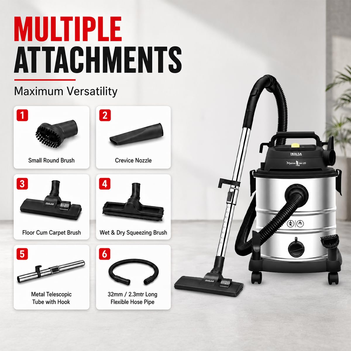 INALSA Vacuum Cleaner Wet and Dry Heavy Duty 1700 W & 25 Ltr Capacity|22KPA Suction|HEPA Filter & Metal Telescopic Tube|2 Year Warranty|SS Metal Tank|For Home,Office,Hotel Cleaning (Master Vac 25) 3