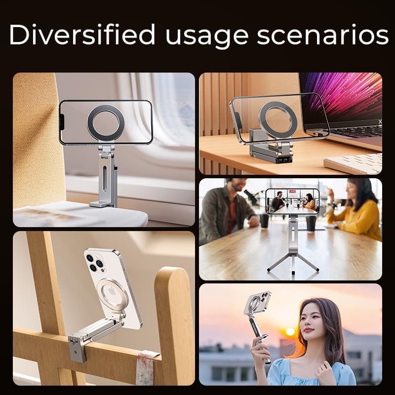 Magnetic Tripod for iPhone, Aluminium Stand with 360° Adjustable Magic Clip & 1/4" Screw, for Foldable & Stable Use, Adapted for iPhone 17 16 15 14 13 12 Series & MagSafes