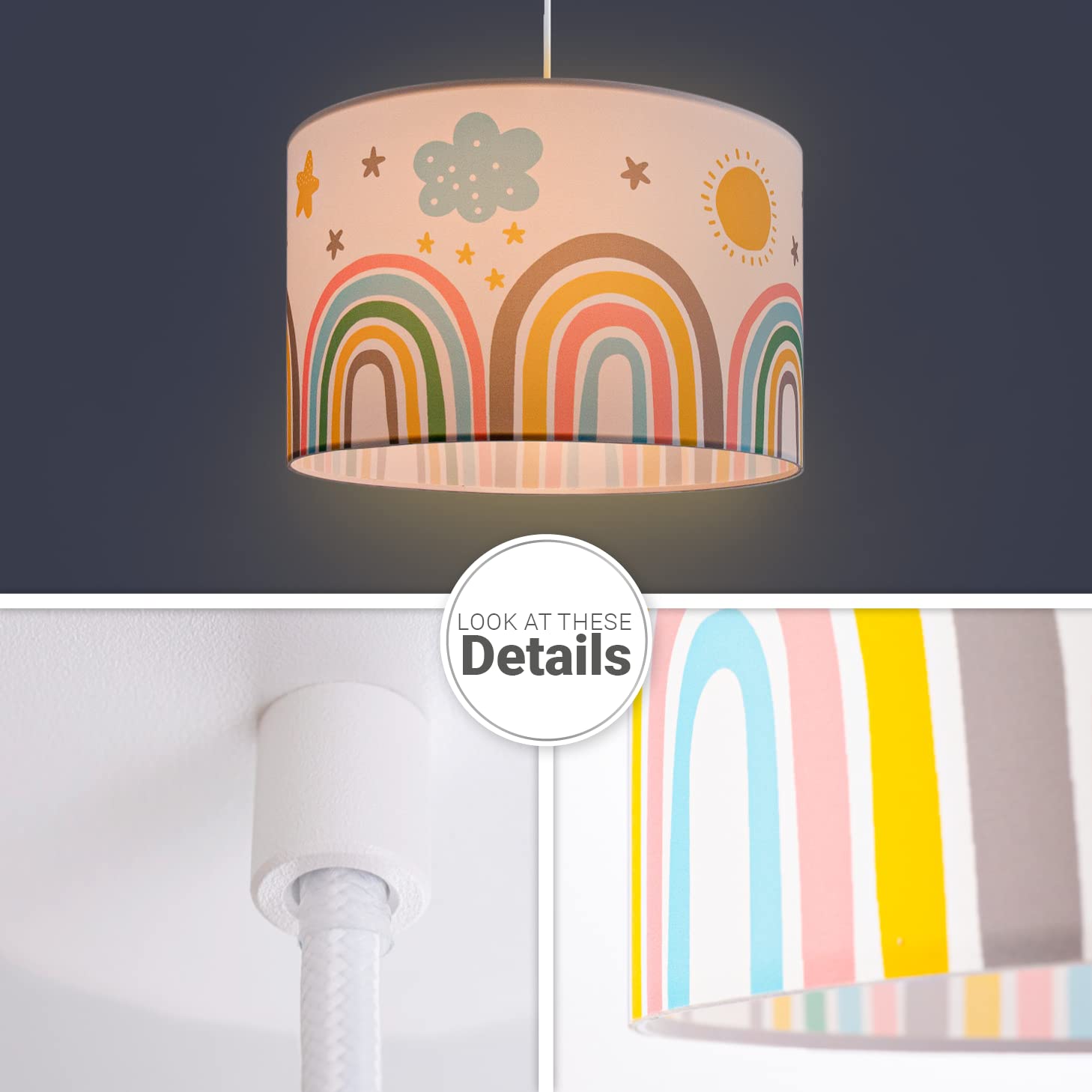 Paco Home Bambini Sospensione Cameretta Dei Bambini Paralume Tessuto Rotondo E27 Arcobaleno