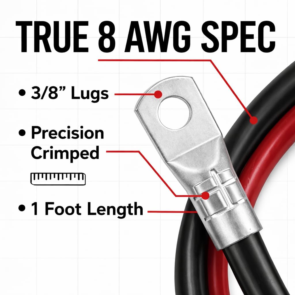 567ITG 8 Gauge Battery Cable with Lugs | 1 ft 3/8" 8 AWG OFC Copper | Pre-Crimped Ring Terminal Ends Red Black Pair | Heavy Duty Automotive Marine Solar RV Golf Cart Inverter | Made in USA