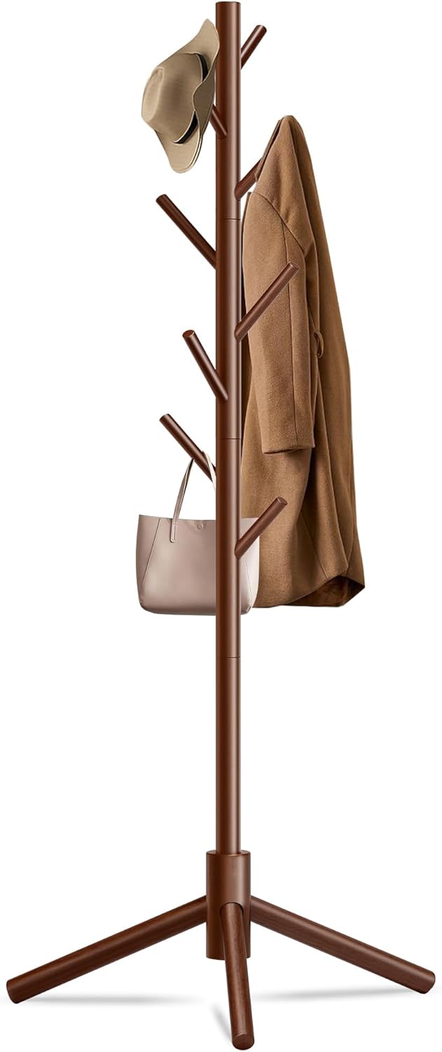 Durable Wooden Coat Rack, Freestanding Coat Rack with Stable Triangular Base, 8 Hooks & 3 Adjustable Heights, Simple Assembly for Bedroom, Hallway, Office(New Brown)