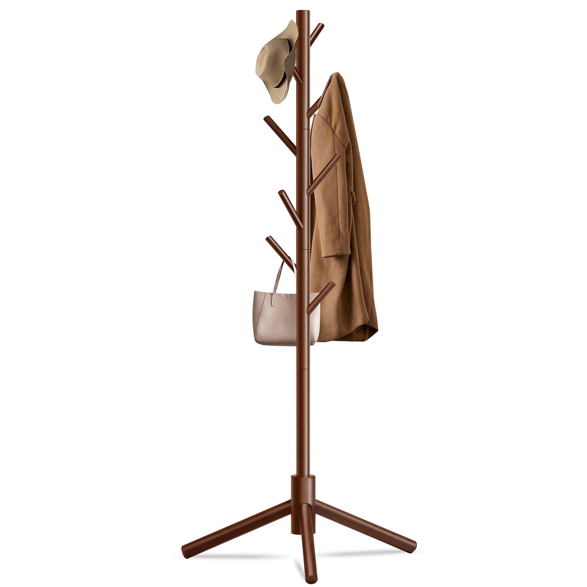 Durable Wooden Coat Rack, Freestanding Coat Rack with Stable Triangular Base, 8 Hooks & 3 Adjustable Heights, Simple Assembly for Bedroom, Hallway, Office(New Brown)