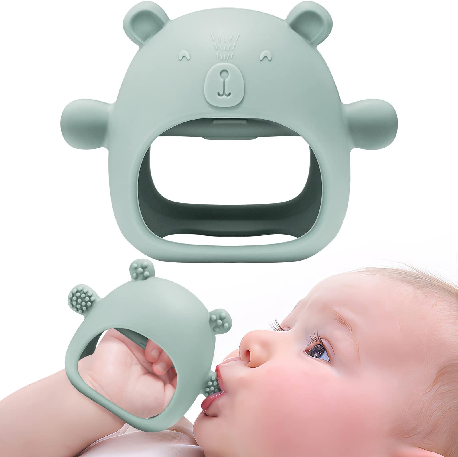 NiBaby Little Bear Silicone Baby Mitten Teething Chew Toy for Babies 3-6 Months 6-12 Months, Anti-Drop Teether Glove BPA-Free for Girls and Boys Sucking Biting Needs Soothing Gums Pain Relief (Green)