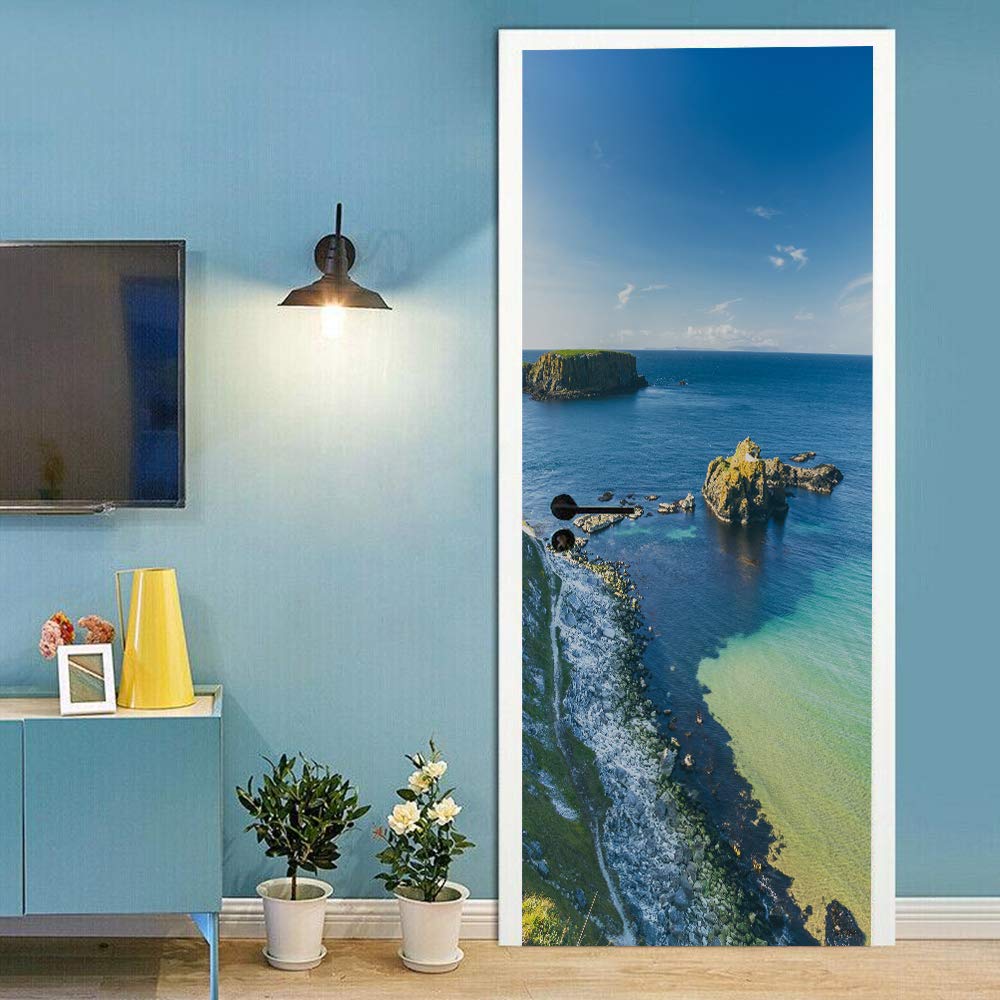 Sticker porte effet trompe l'oeil île océan bleu - Déco amovible 88x200cm
