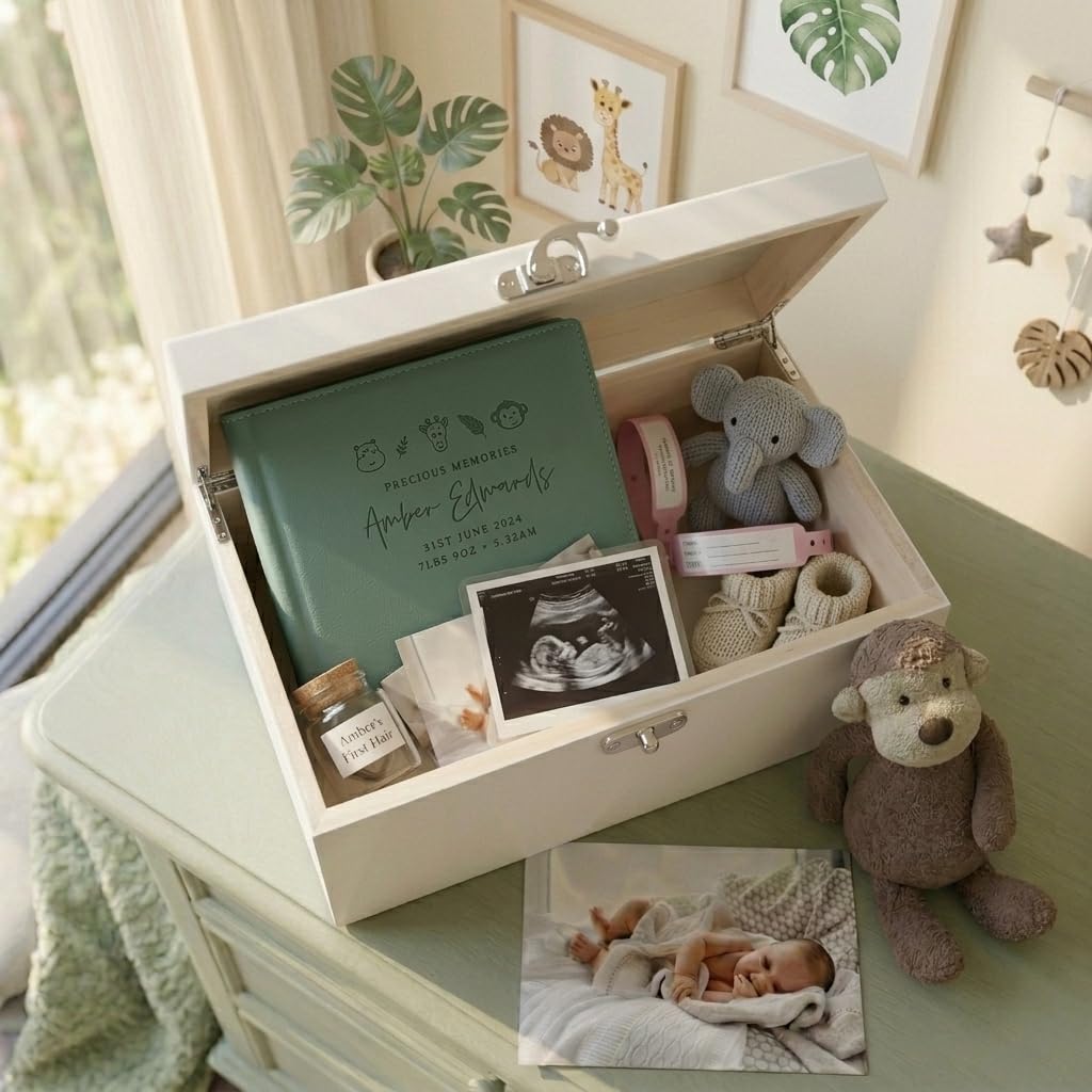 Caja de recuerdos personalizada de madera blanca con animales de la selva | Baby Shower, nuevo bebé | 27 x 19 x 14 cm