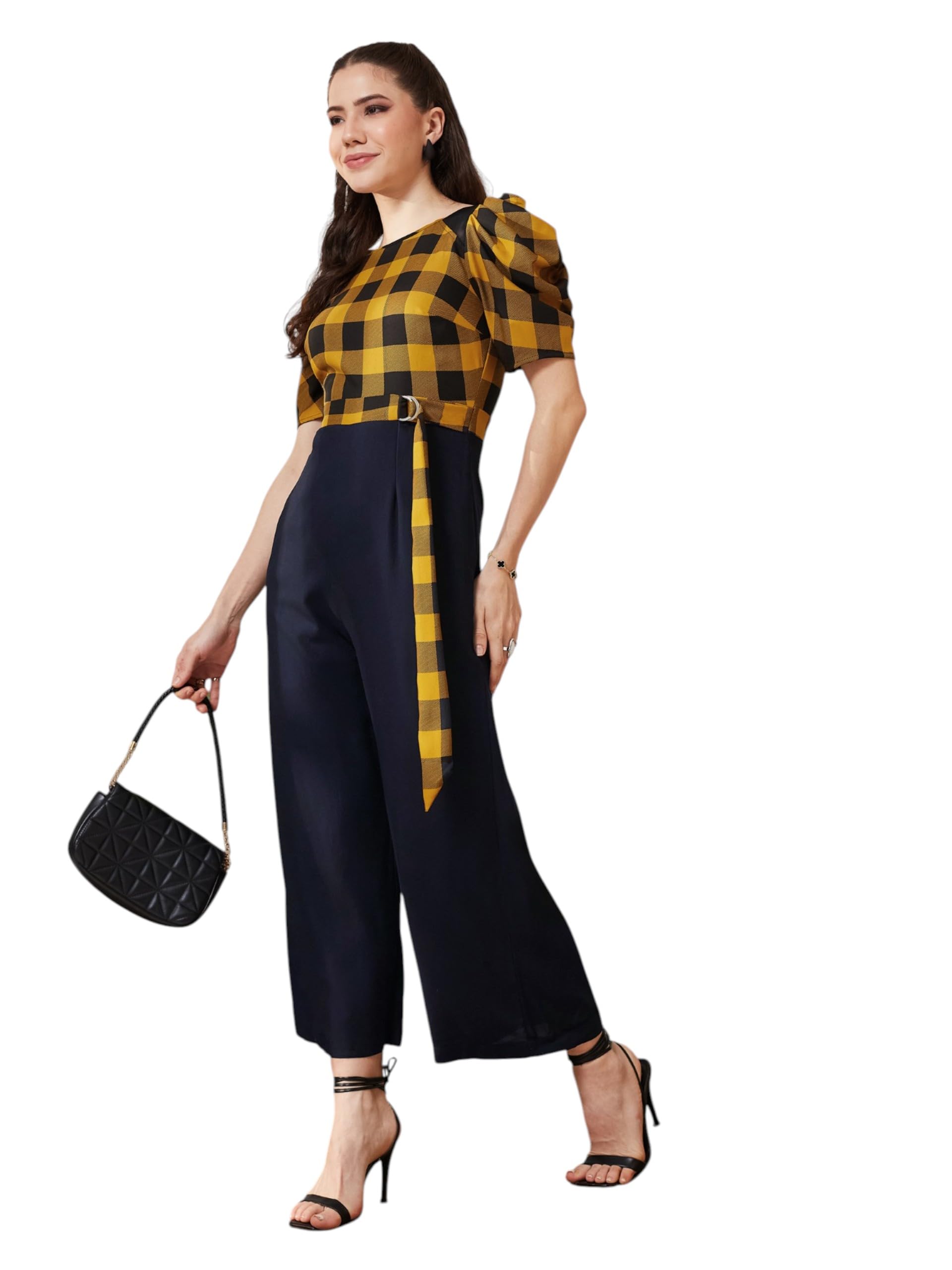 miss chase Women's Round Neck Cowl Sleeve Checkered Wide-leg Viscose-Rayon Regular Length Jumpsuit-picture-21