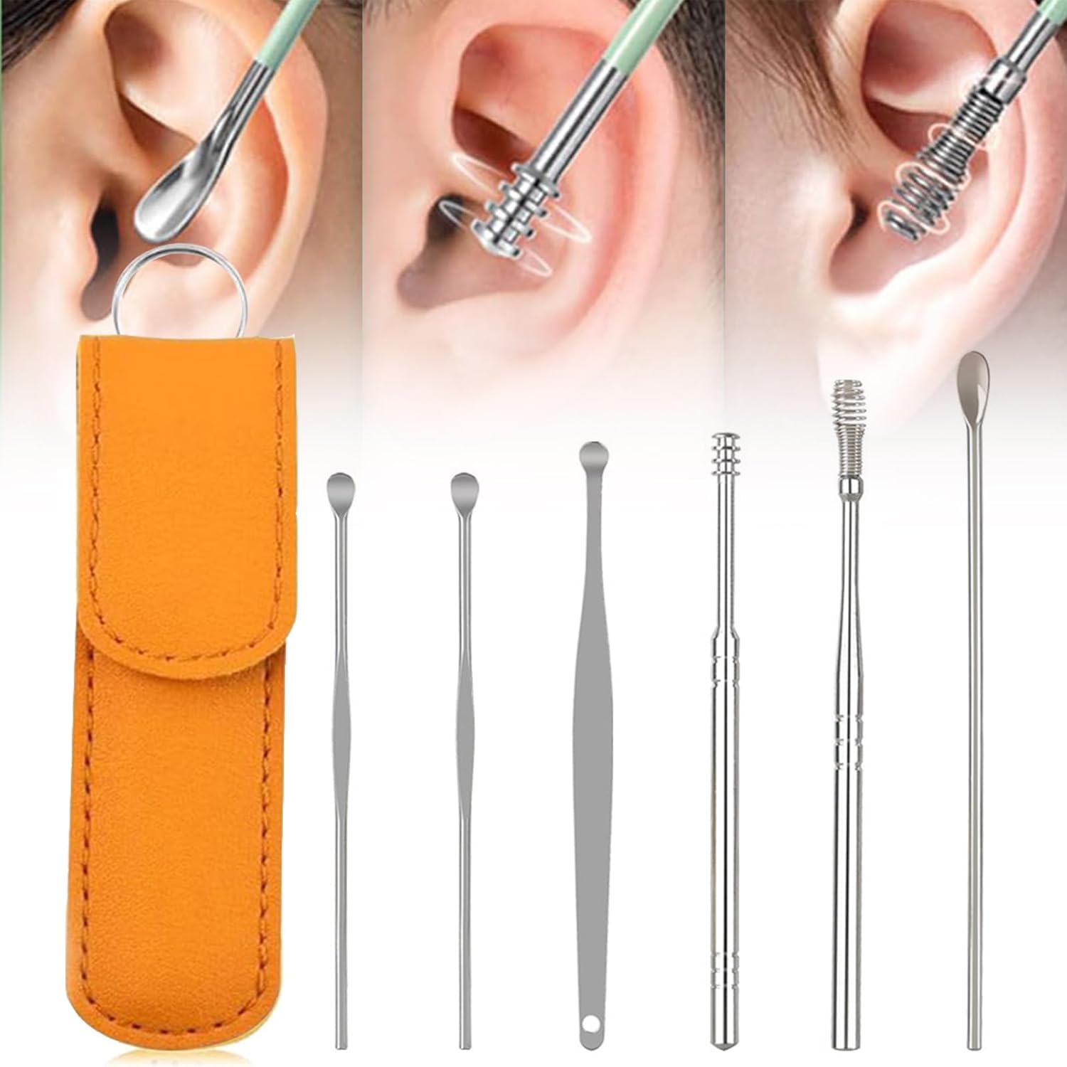 WUERKIYA Kit Limpieza Oídos Acero Inoxidable 7 Piezas | Cucharas, Resortes Y Curvas | Bolsa De Cuero Incluida | Para Adultos