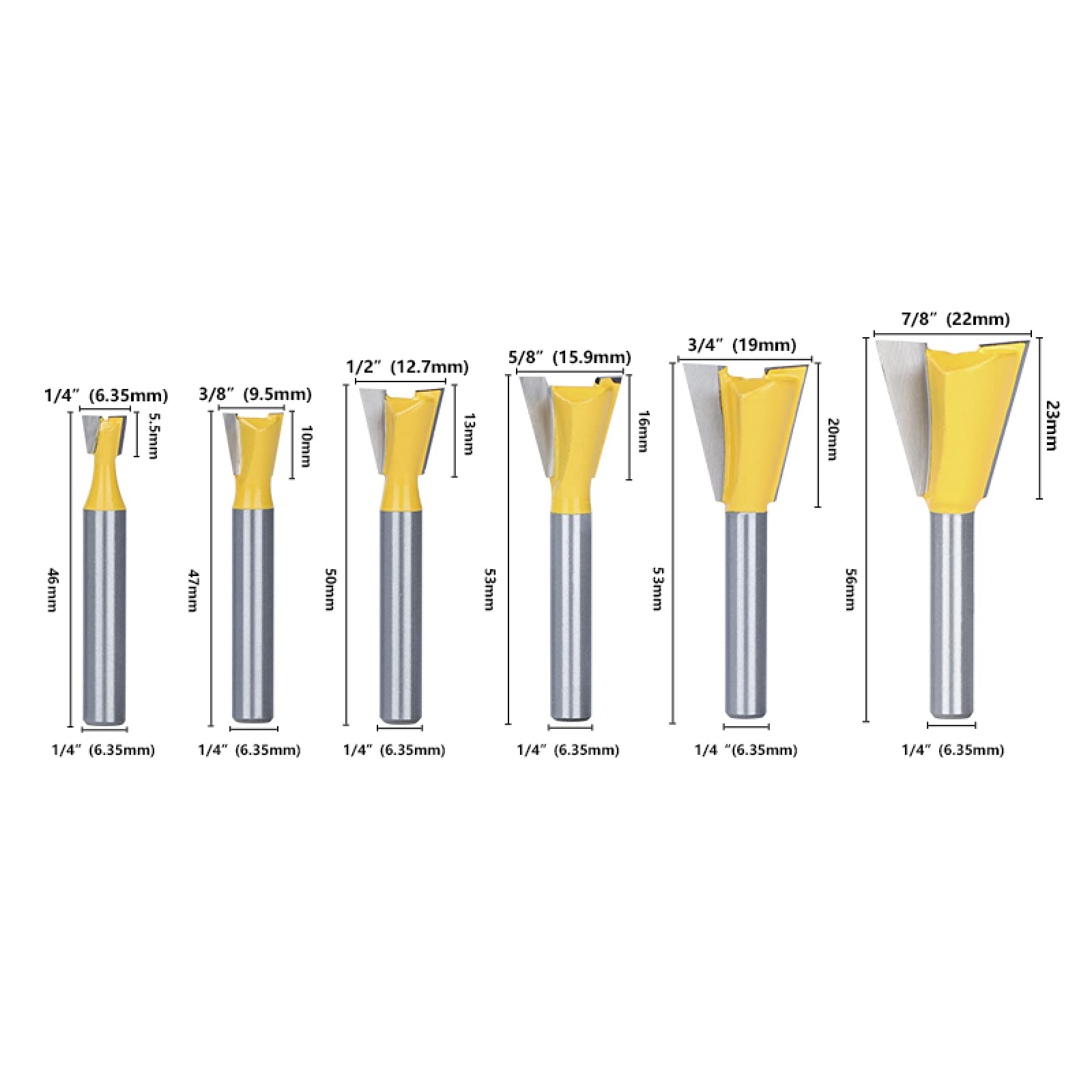 Fresa Per Fresa Per Incisioni Su Legno Con Punta A Coda Di Rondine A Coda Di Rondine Da 1/4,6pcs Set 6.35-22mm