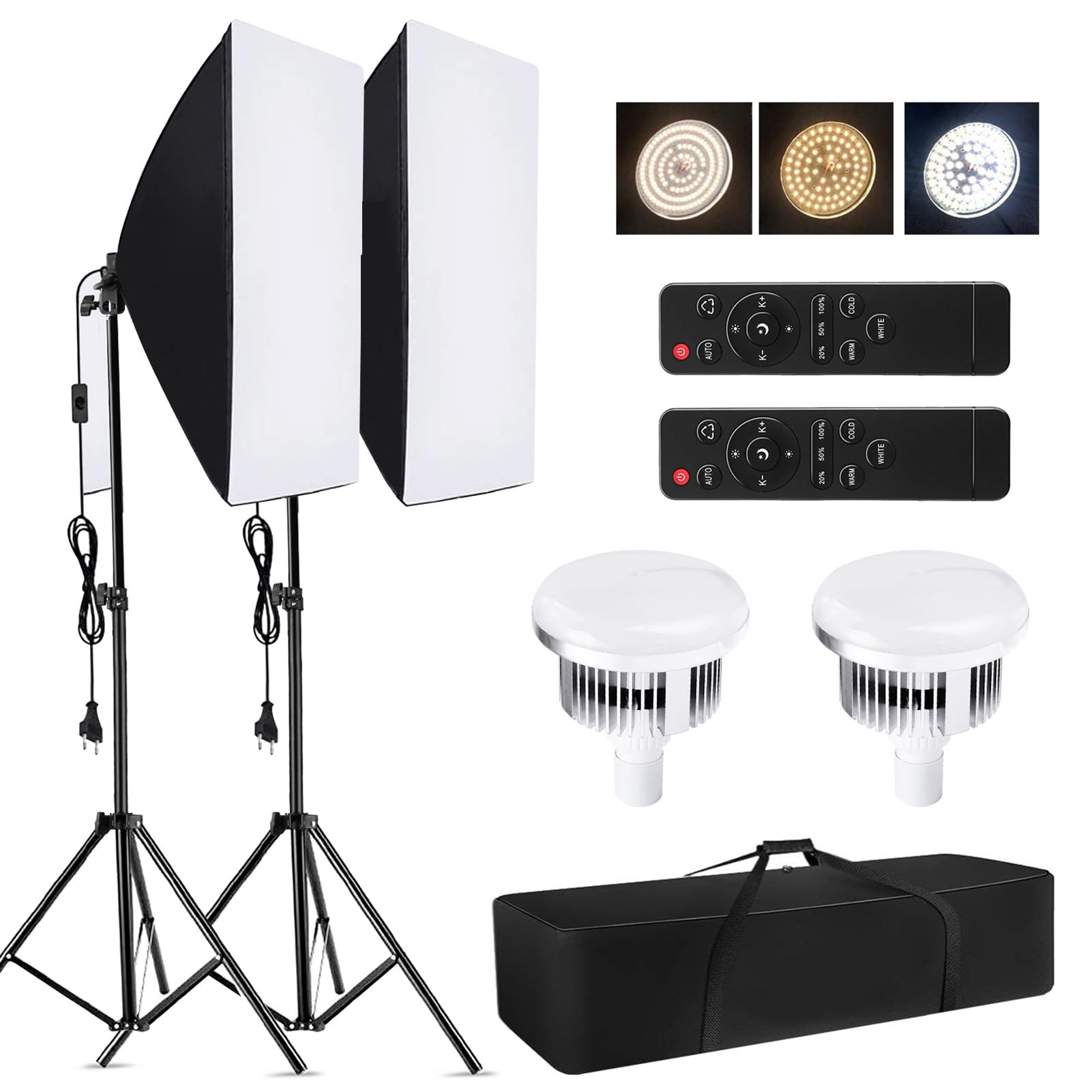Andoer Kit de iluminación de estudio de 60 x 60 cm, juego de luz LED profesional para fotografía de estudio con trípode de luz ajustable y mando a distancia (enchufe europeo)