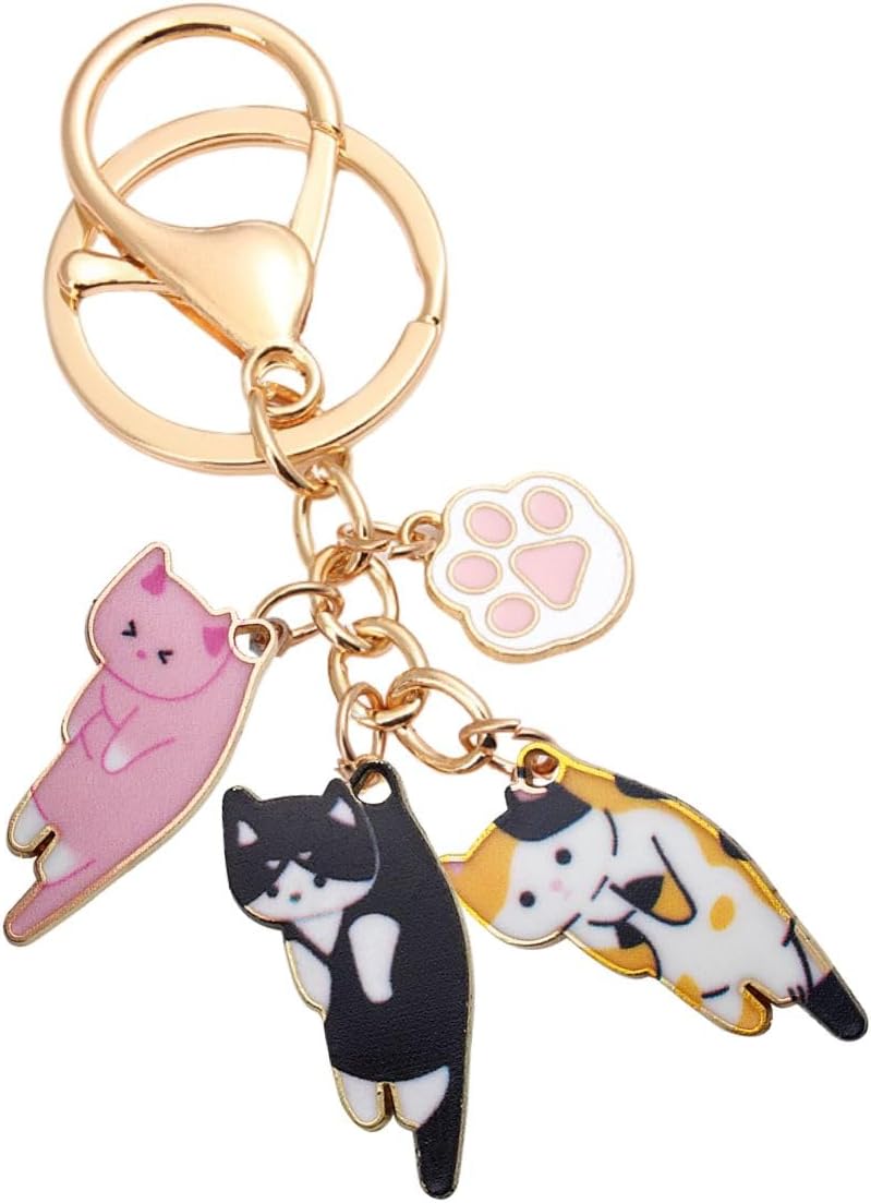 COLORFUL BLING 2-6PCS Cute Cat Keychain Funny Cartoon Kitten Kawaii Aesthetic Keyring Birthday Gifts for Animals Cat Lover