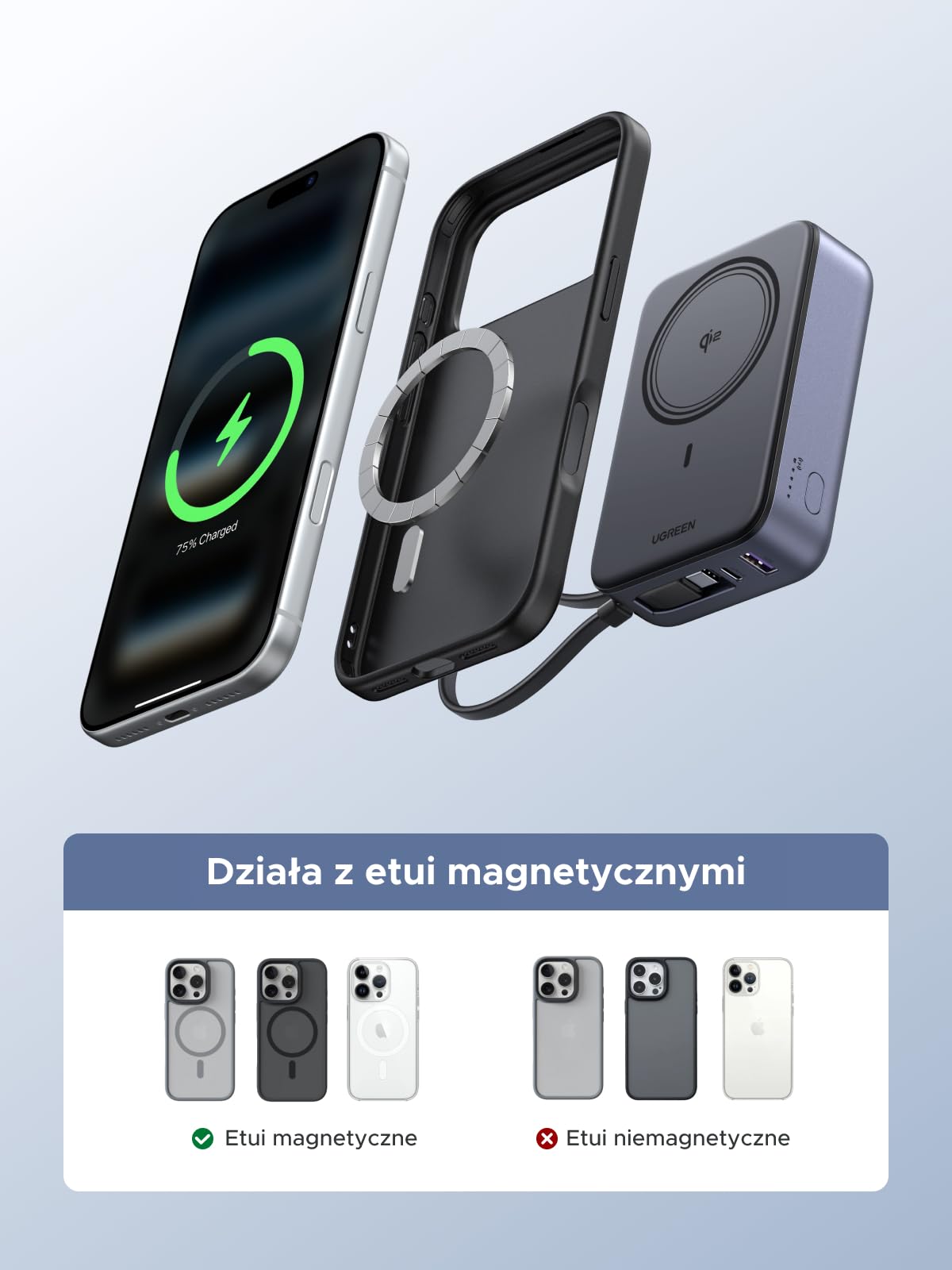 UGREEN Zapix 20000mAh Qi2 15W Magnetyczny Powerbank z USB-C 30W | Certyfikat Qi2, Zintegrowany Kabel, iPhone 17–12, Przyjazny dla skóry, Idealny do podróży i dojazdów do pracy