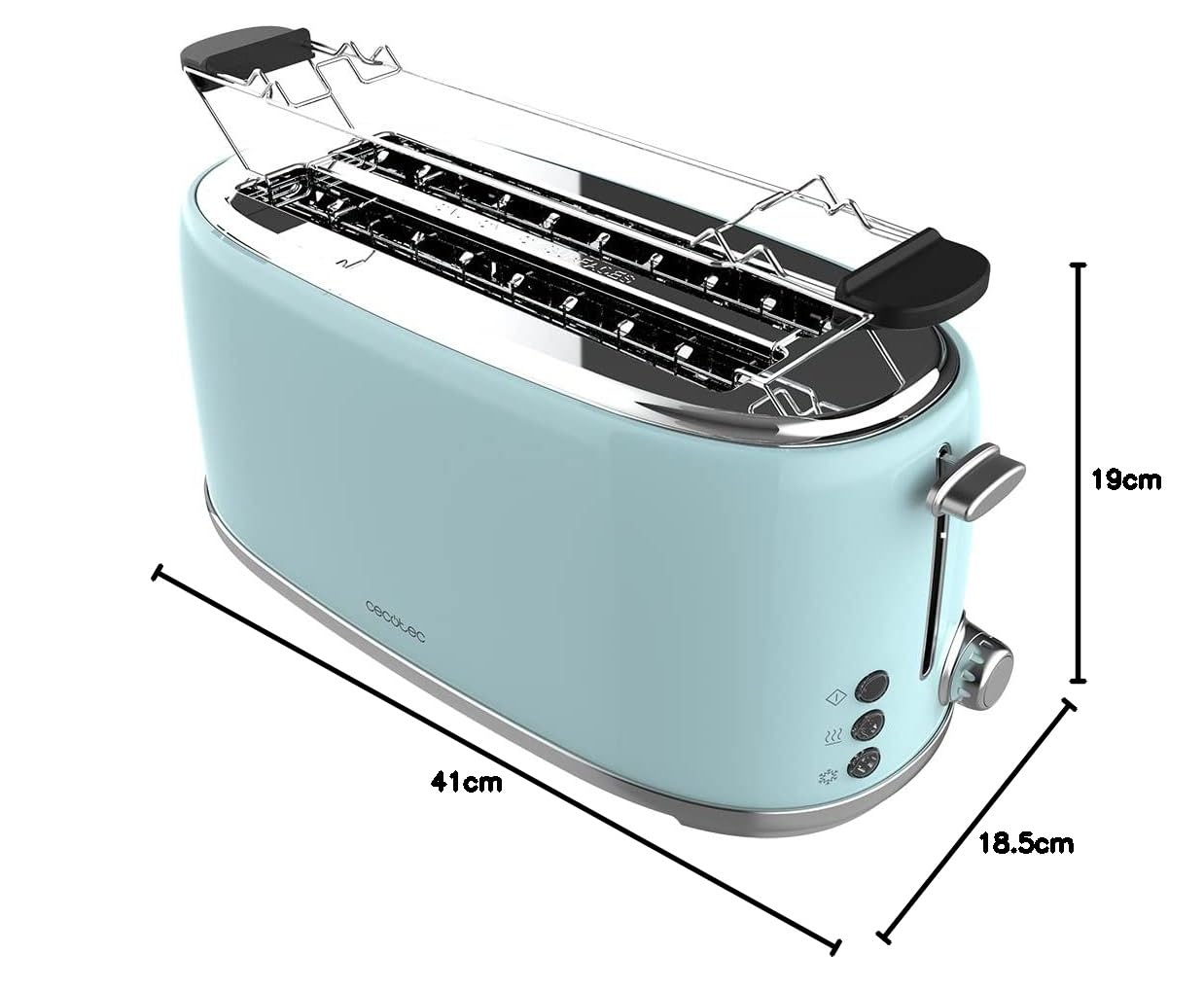 Cecotec Toster, 4 plasterki Toast & Taste 1600 Retro Double Blue, 1630 W, 2 szerokie gniazda 3,8 cm i długie, stal nierdzewna, górne pręty, regulowana moc, taca na okruchy