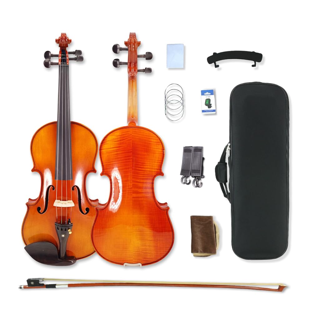 Yinfente Violino acustico 4/4 a 4 corde, in legno massello, in ebano, per studenti, bambini, adolescenti, custodia, colofonia, arco, corda extra (marrone-A)