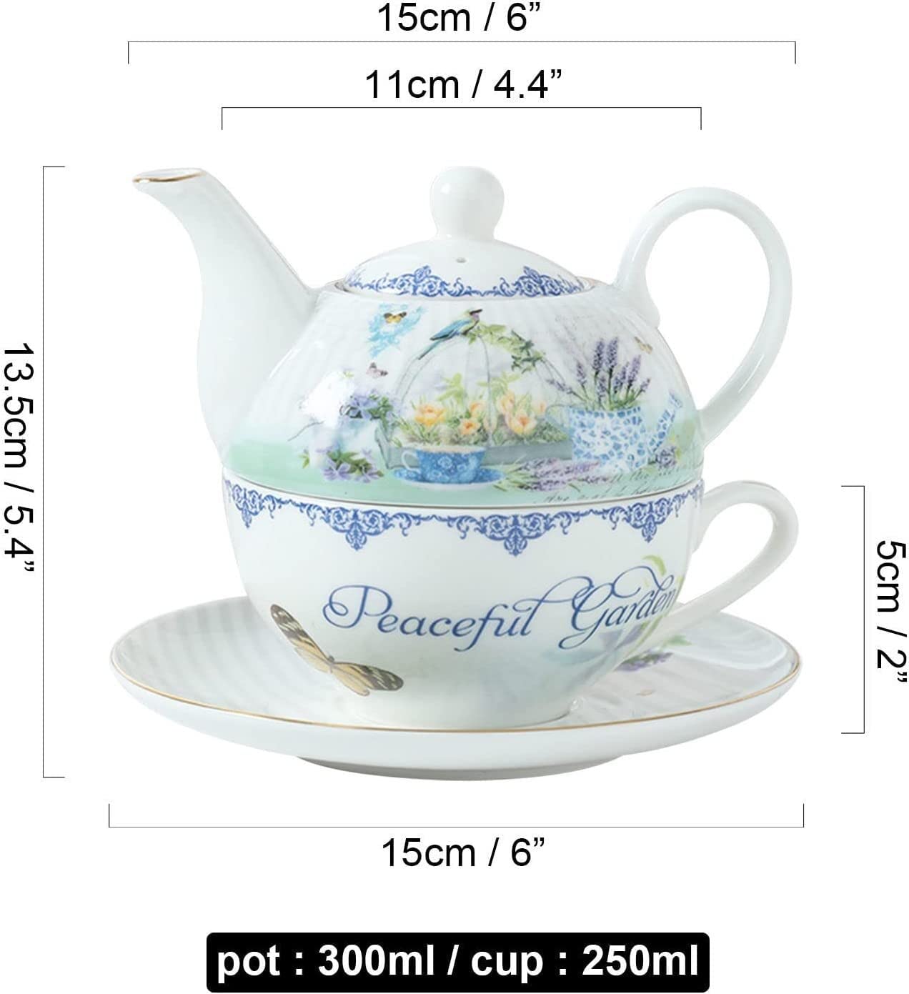 TYMYYS Tea For One Ensemble Théière Et Tasse, Service à Thé En Porcelaine Tendre, Coffrets Cadeaux Théière Pour Femme, Ensemble Théière Et Tasses-bleu Et Fleurs-pot 400ml,Coupe 250ml
