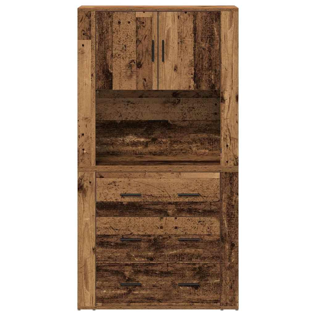 Meuble haut avec tiroirs et portes en bois vieilli - 80 x 33 x 150 cm - Buffet moderne pour salon, salle à manger, bureau - Avec espace de rangement et étagère