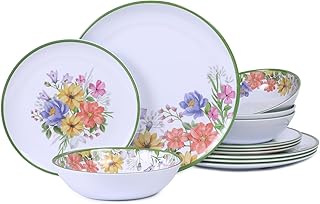 Lechoo 12 Piece Floral Melamine Dinnerware Sets, Green Camping Dishes Se...