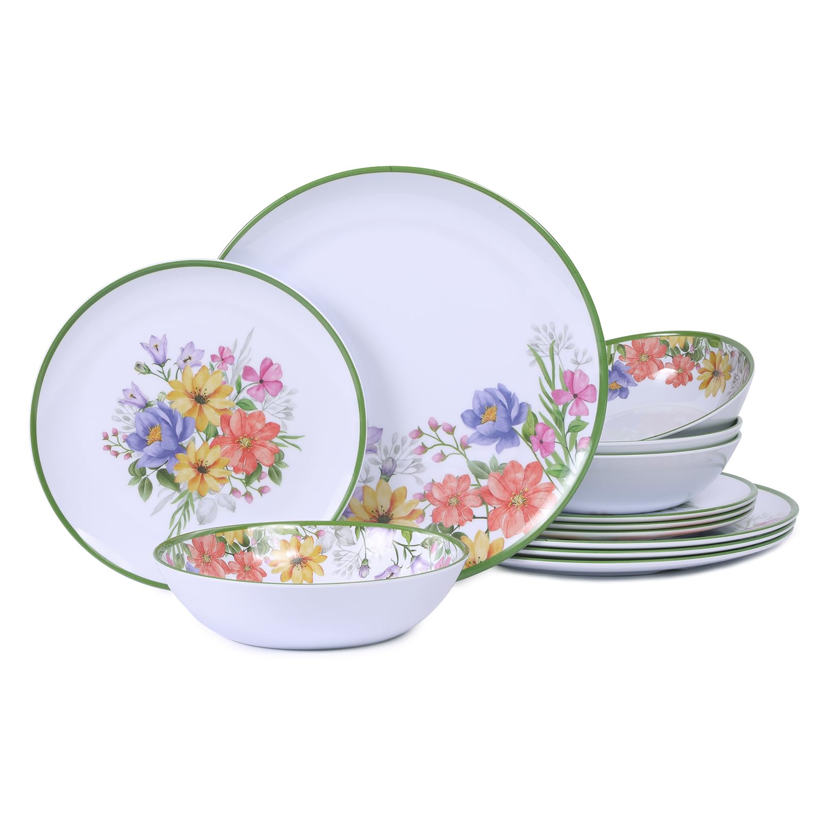 Lechoo 12 Piece Floral Melamine Dinnerware Sets, Green Camping Dishes Set