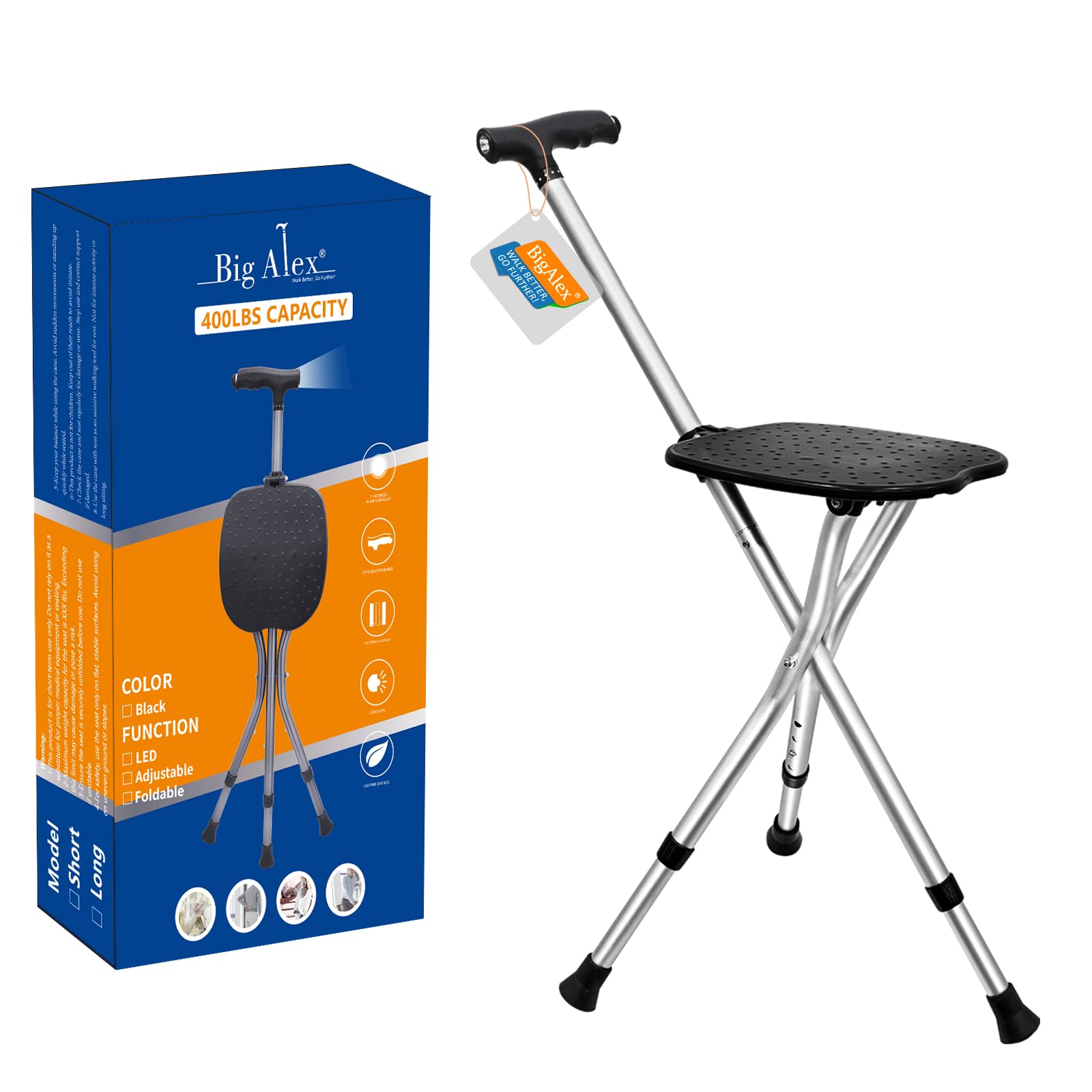 BigAlex Alloy Folding Cane with Seat, Lightweight Adjustable Walking Cane with Seat, Cane Seat with LED for Seniors, Cane Chair for Woman/Man,Anti-Slip Walking Stick for Seniors