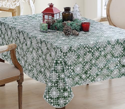 Newbridge Snowfall Snowflake Plaid Christmas Vinyl Tablecloth with Flannel Backing, Green, Wipe Clean Contemporary Snowflake Design, 60 x 84 Inch Rectangle