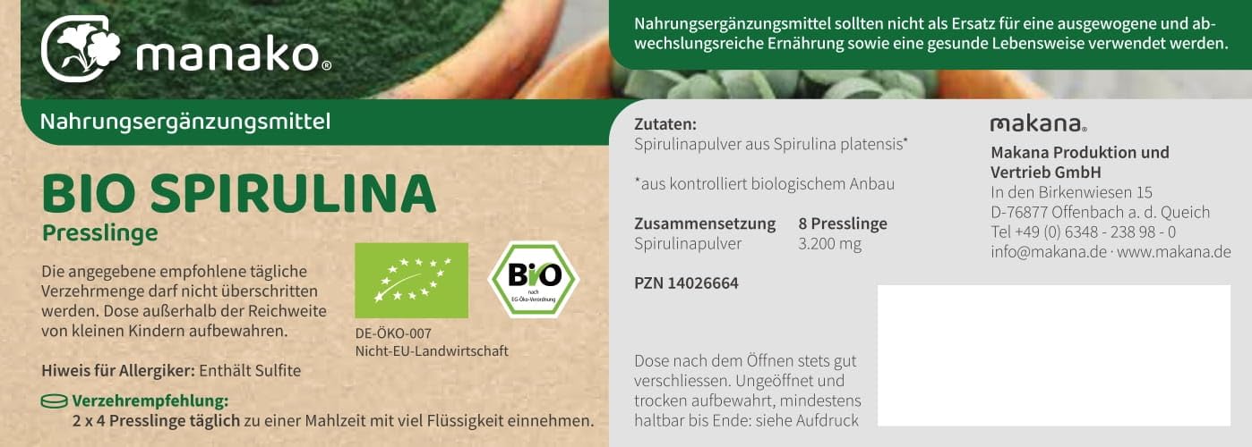 manako BIO Spirulina Algen Tabs/Presslinge, 4 x 250 g Dose