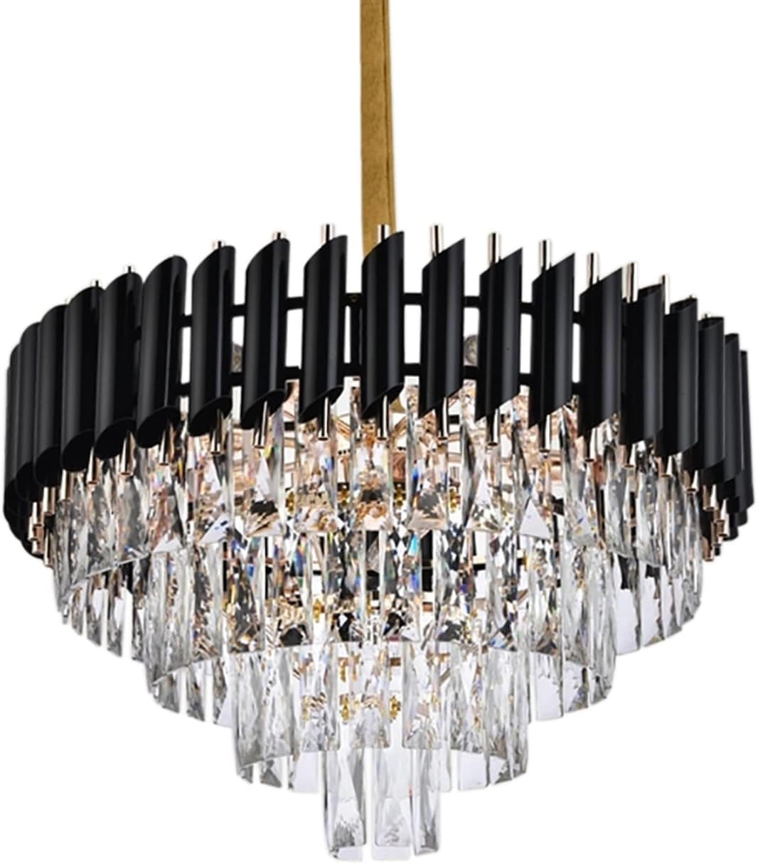 LEDSone Modern Black and Gold Crystal Chandelier – Luxury Semi Flush Mount Ceiling Light with K9 Crystals Round Raindrop Pendant for Living Room, Dining Room, Bedroom, Restaurant