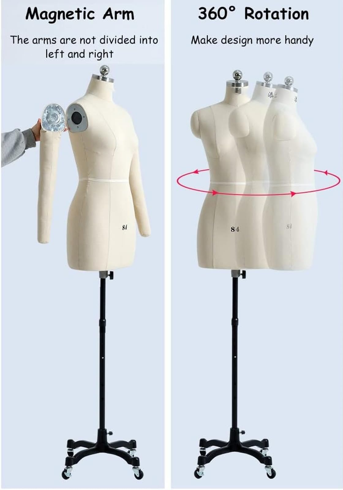 sdneNest Formas de vestido femenino para costura, maniquí de costura con brazos, maniquí de talla grande, soporte de torso con ruedas para coser ropa, modistas de sastrería, hermoso escenario
