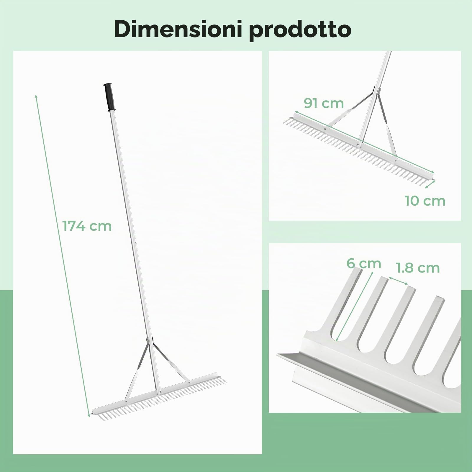 SOARS Rastrello da Giardino in Alluminio con Manico Lungo 174 cm, Rastrello da Prato Largo 91 cm con 36 Denti Rigido per Paesaggio, Ideale per Foglie, Erbacce, Terreno e Detriti (Stile B)