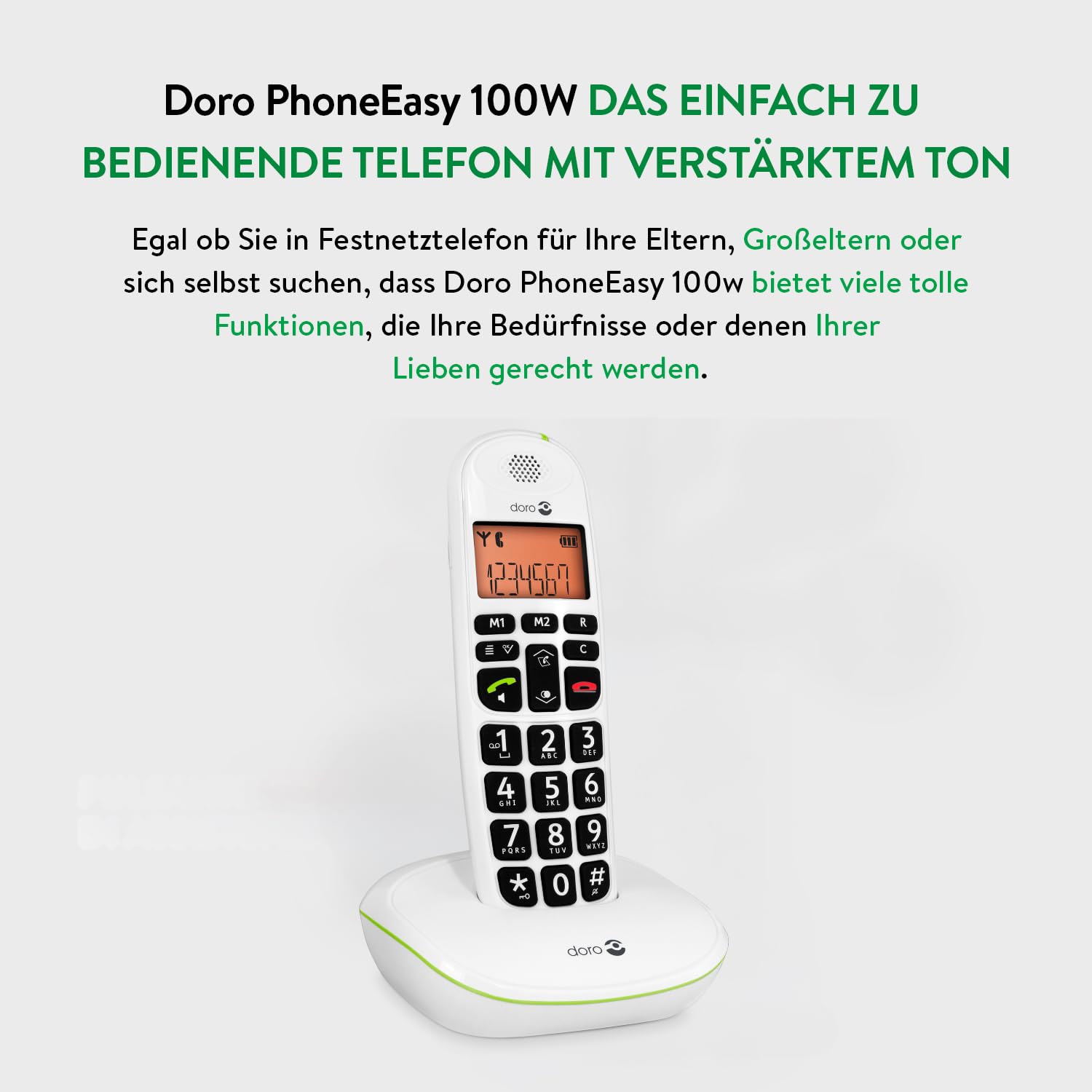 DORO - Doro PhoneEasy 100w - Schnurloses Festnetztelefon - Große Displayanzeige - Extra große Tasten - Freisprechfunktion - Lauter Klingelton - Lautstärkeregler - Weiß