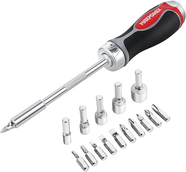 Ratchet Screwdriver, MAXPOWER Magnetic Ratchet Screwdriver and Bit Set with Slotted Bits,Phillips Bits, Pozi Bits, Hex Bits and Sockets/Nut Driver (18 Pieces)