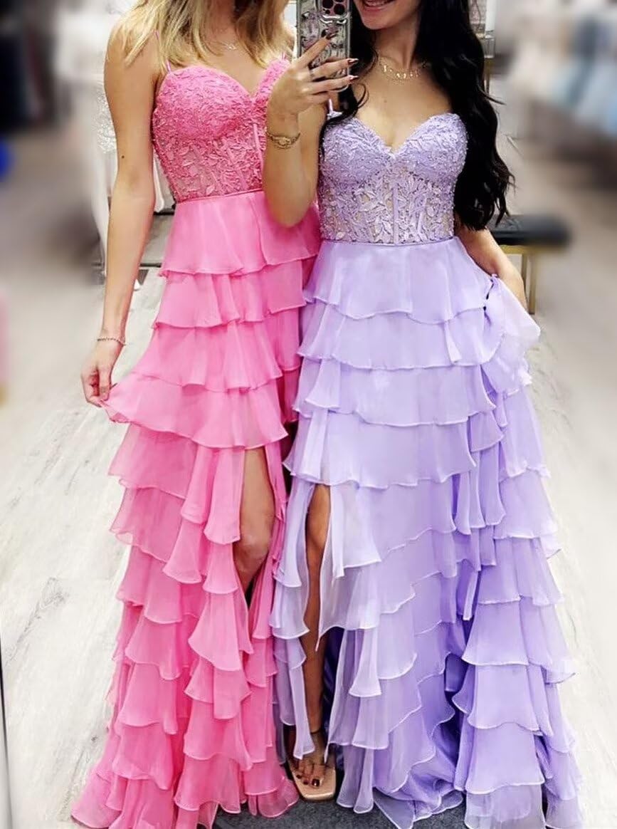 Tiered Prom Dress Lace Applique Corset Spaghetti Straps Ruffle Chiffon Formal Evening Gowns with Slit