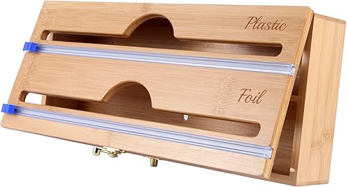 Organizador 3 en 1 de envoltura de alimentos con cortador, dispensador de envoltura de bambú para papel de aluminio, papel encerado, envoltura de