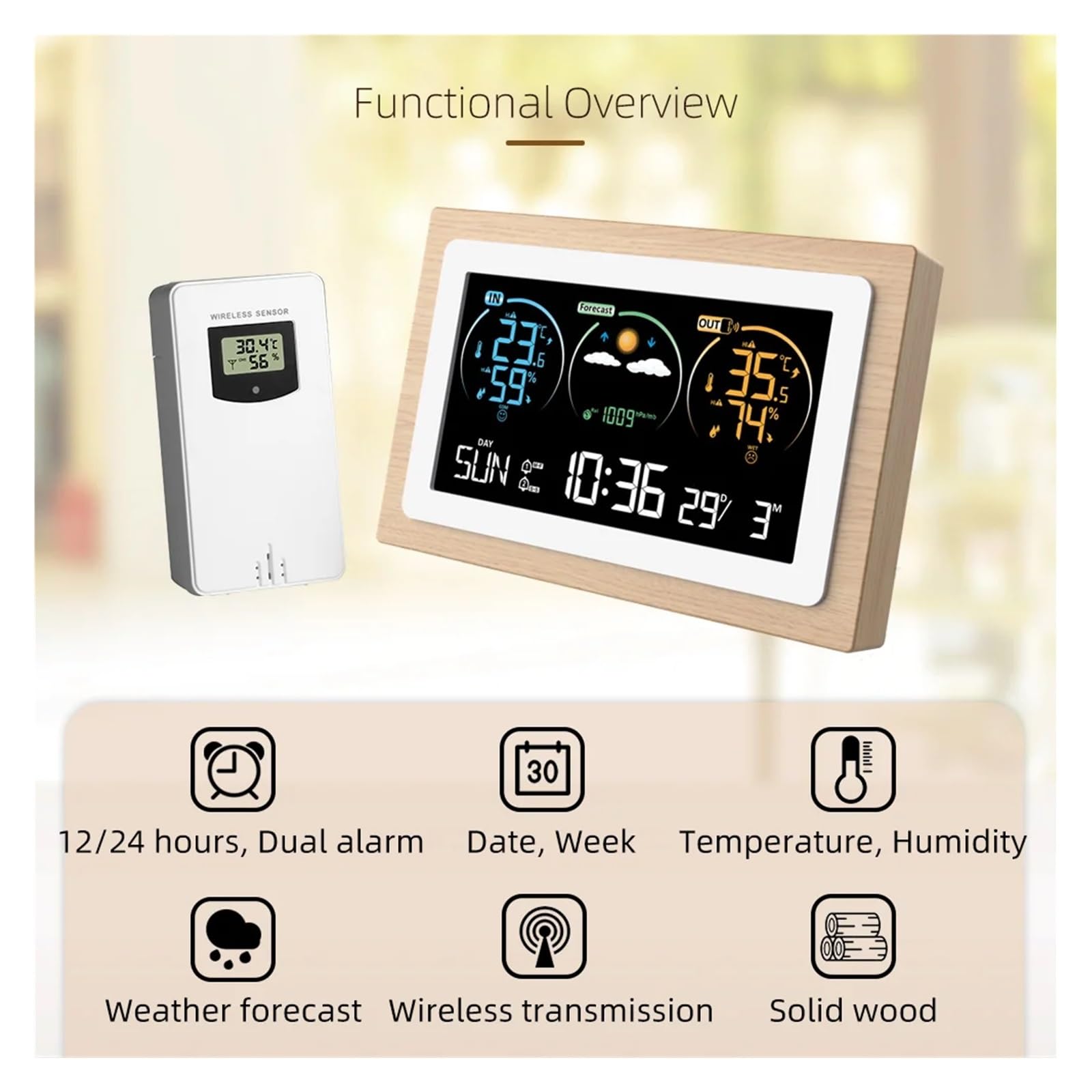 Digital VA Color Wood Weather Station Home Temperature Humidity Air Pressure Monitor Wall Alarm Clocks Wireless Forecast Sensor