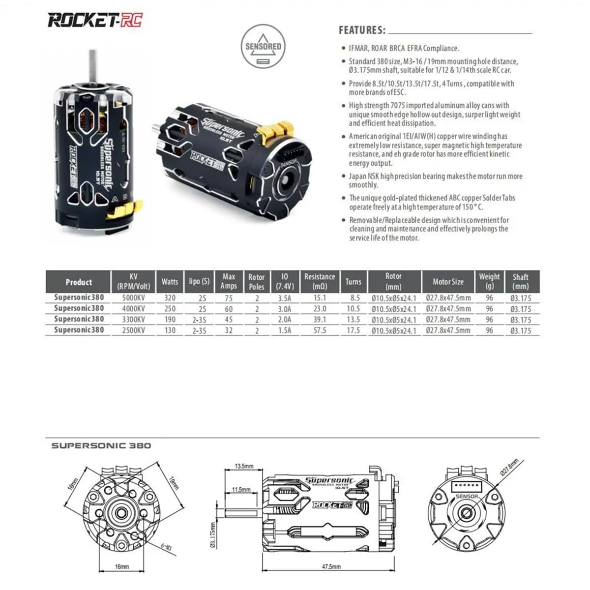 Amazon.com: Supersonic 380 8.5T/5000KV Sensored Brushless Motor 2S