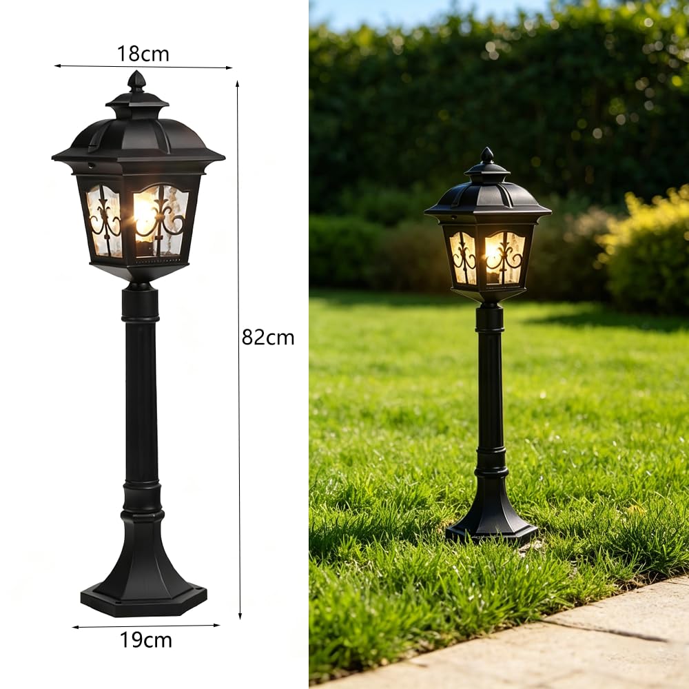 XINYASEE Lampione da esterno in alluminio nero, impermeabile, con paralume in vetro satinato; Palo luminoso a palo E27, ideale per cortili, vialetti, cortili e vialetti del giardino