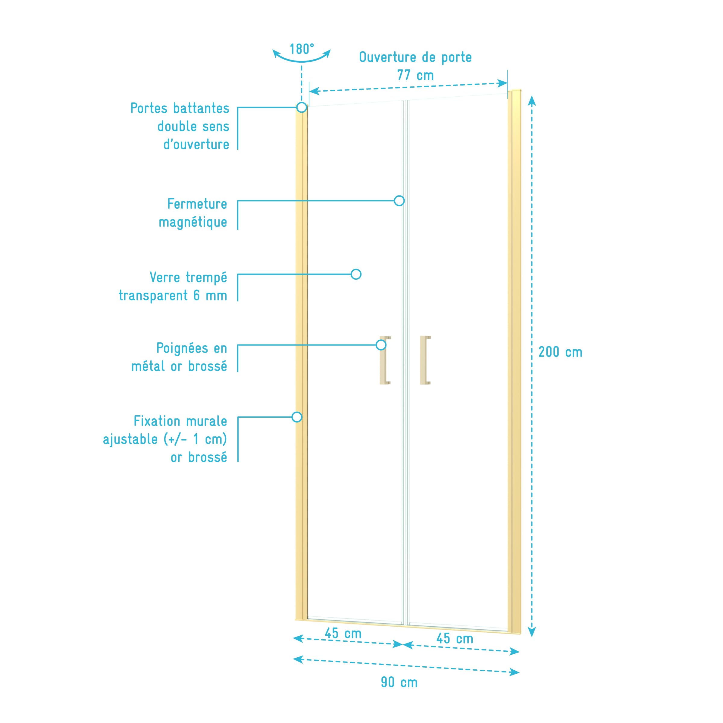 Porte de Douche Double Battant 90x200cm - Verre Trempé Transparent 6mm - Profil Or Doré Brossé