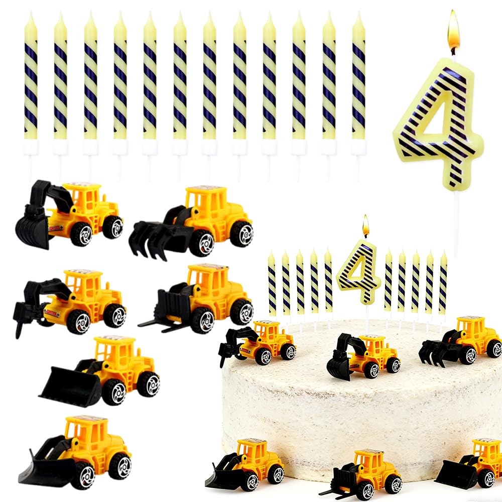 Vehicles Cake Toppers, 19 PCS Construction Theme Cake Toppers Set Birthday Candles Digger Cakes Decorations with Birthday Number 4 and Stripes Candle Party Decorations for Birthdays Anniversary Party