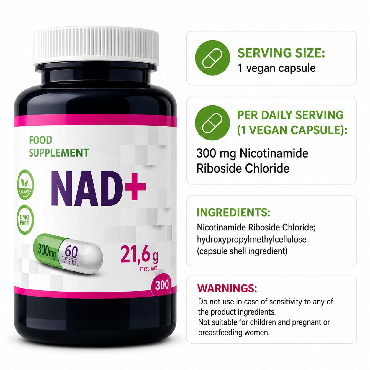 Hepatica NAD+ Nicotinammide Riboside 300 mg | 60 Capsule Vegane | Scorta 2 Mesi | Ingrediente Unico | GMP & laboratorio indipendente