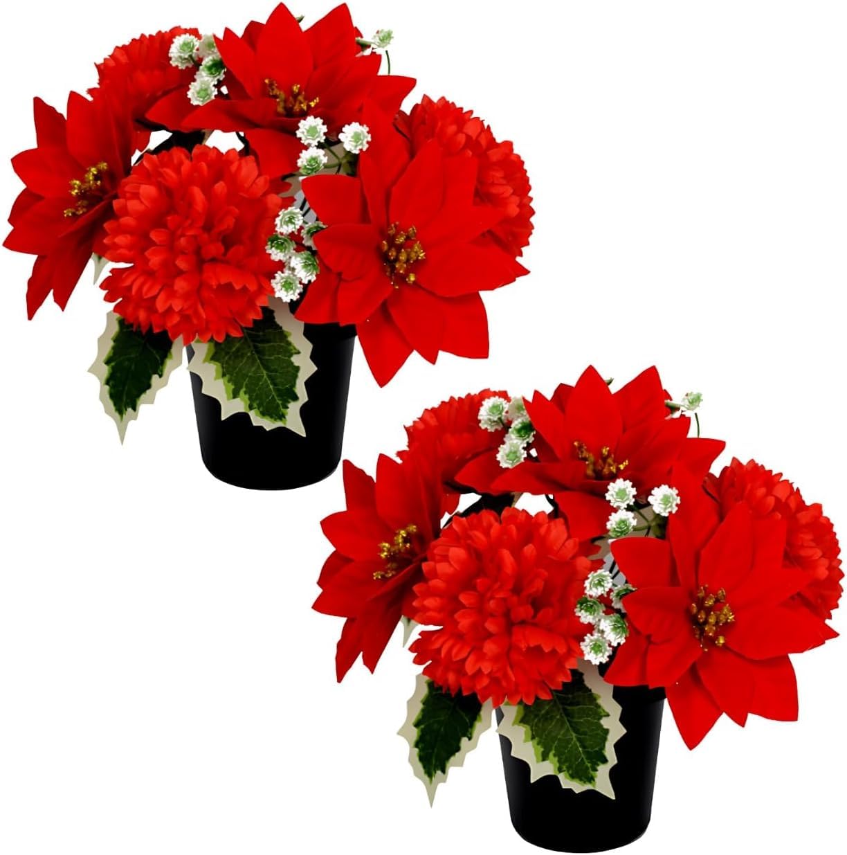 Homesecret Chrysanthemum And Poinsettia Pot 2X Pack2 Christmas Artificial Flowers For Graves | Red Poinsettia With Chrysanthemums | Cemetery Artificial Grave Flower Pots | Durable Grave Pot For Floral Arrangement Decorations
