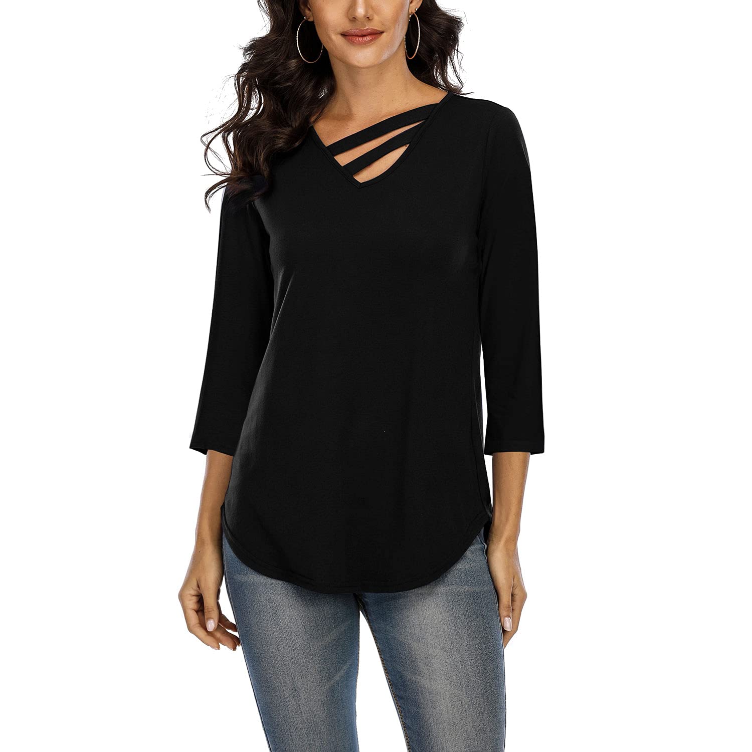 BASVODavenil Women's 3/4 Sleeve Tops V Neck Tunic Tops Irregular Hem Blouses Casual Loose T-Shirts