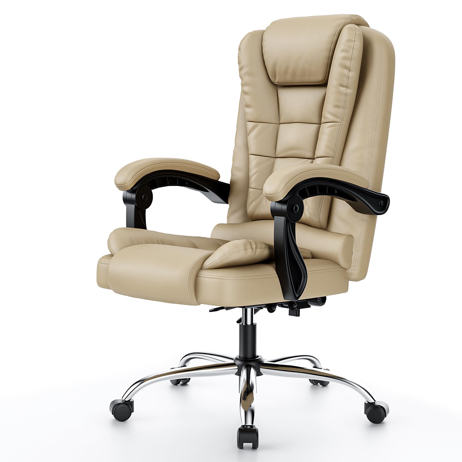 rattantree Silla de Oficina Ergonómica, Silla de Escritorio, Silla Giratoria de Cuero PU con Reposabrazos Acolchado, Función de Inclinación, Ajustable en Altura, Silla Ejecutiva con Ruedas, Caqui