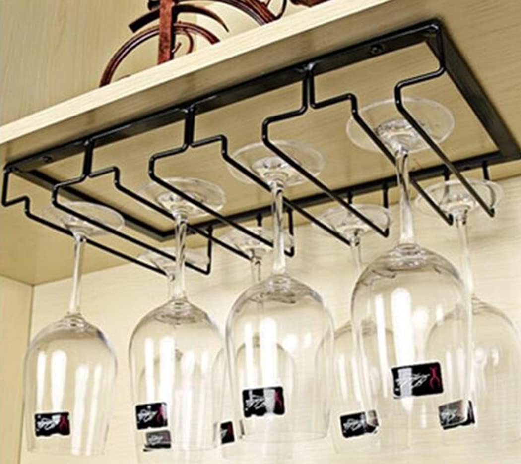 XIAOYU Wine Glass Racks, Stemware Racks, Wine Glass Rack Hanger, Stainless Steel Bar Home Cup Glass Holder, Under Cabinet Wine Glass Stemware Rack Holder, 4 Rows, Black