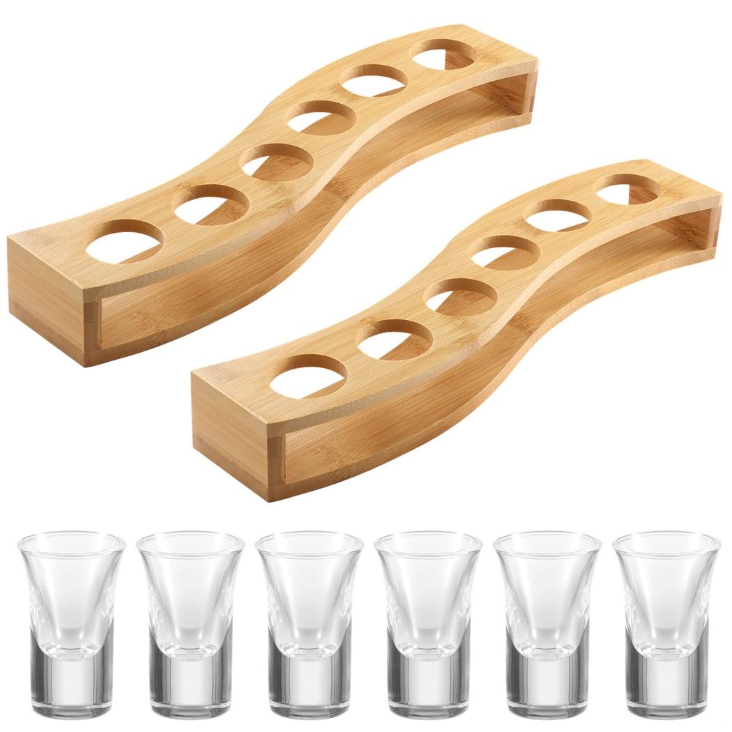 Lot de 6 verres à shot de qualité supérieure avec porte-plateau en bambou en forme de S, gobelets en verre transparent de 25 ml, parfaits pour les fêtes et les restaurants
