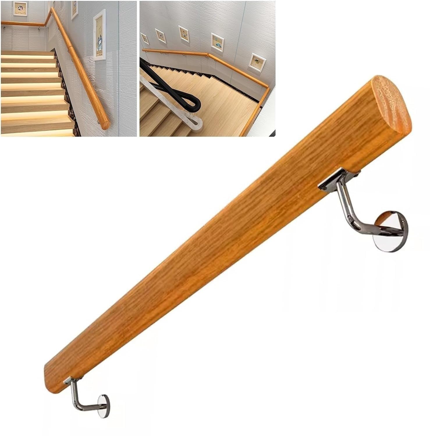 KarFri Handrail Stair Modern Handrails Set Indoor Solid Banister Rails Wood Stair Railings Wall Mount Safety Hand Support Rail Corridor Rod With Stainless Steel Brackets (Size : 5ft/150cm)